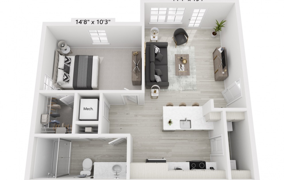 A1 - 1 bedroom floorplan layout with 1 bath and 769 square feet.