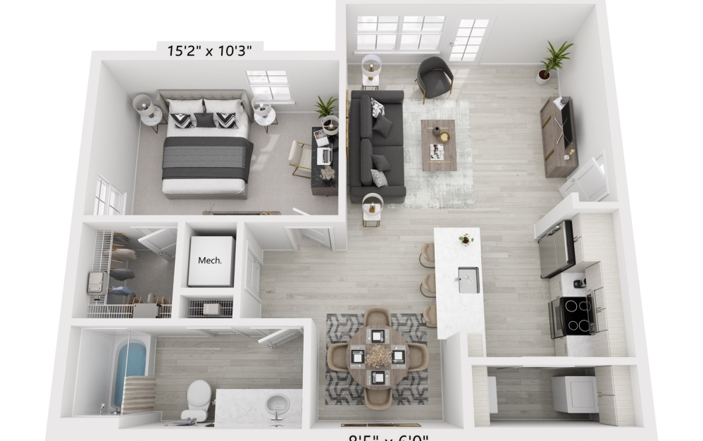 A2 - 1 bedroom floorplan layout with 1 bathroom and 847 square feet