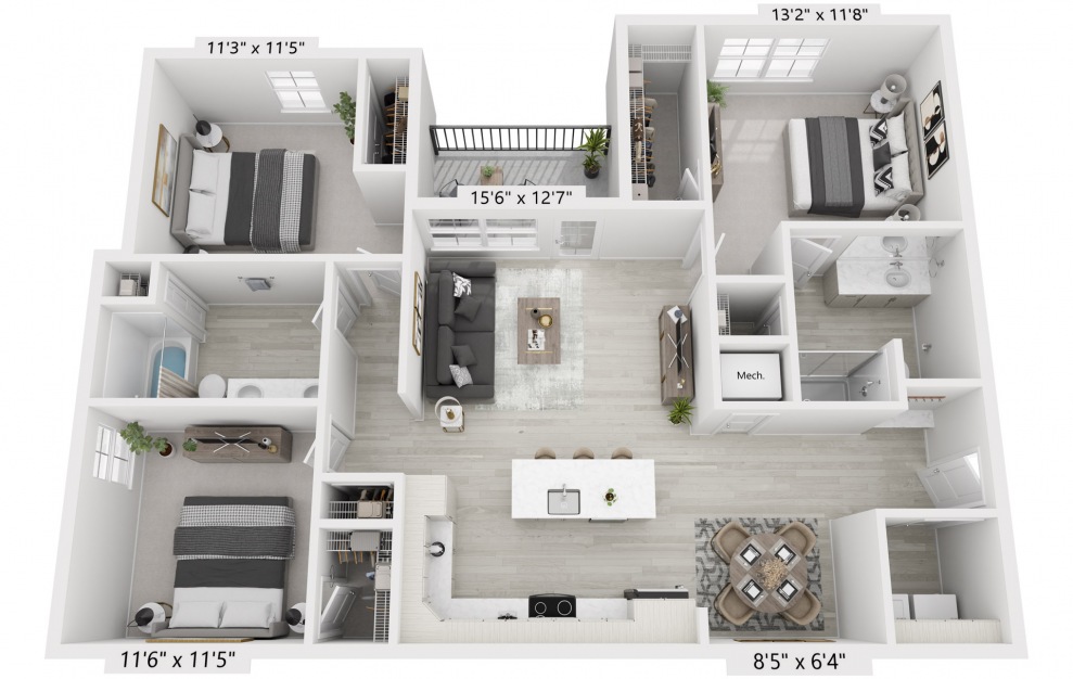 C1 - 3 bedroom floorplan layout with 2 baths and 1385 square feet.