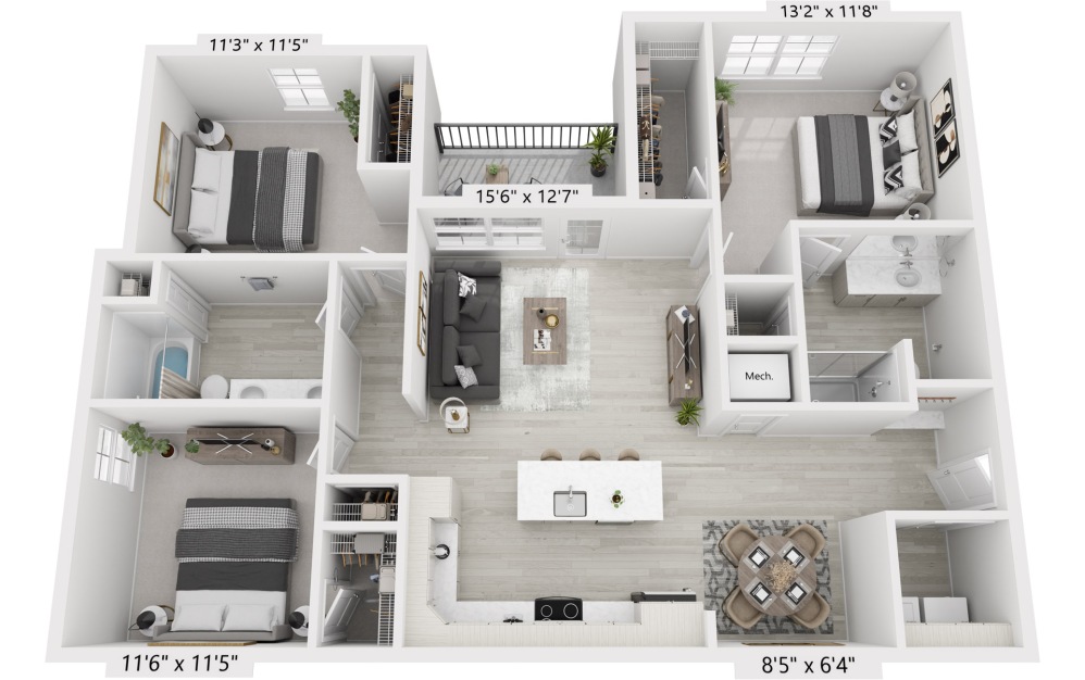 C1A - 3 bedroom floorplan layout with 2 bathrooms and 1385 square feet