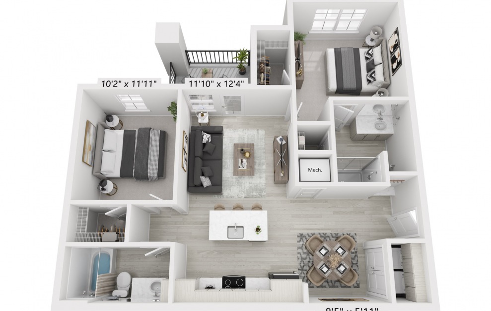 B1A - 2 bedroom floorplan layout with 2 baths and 1010 square feet.