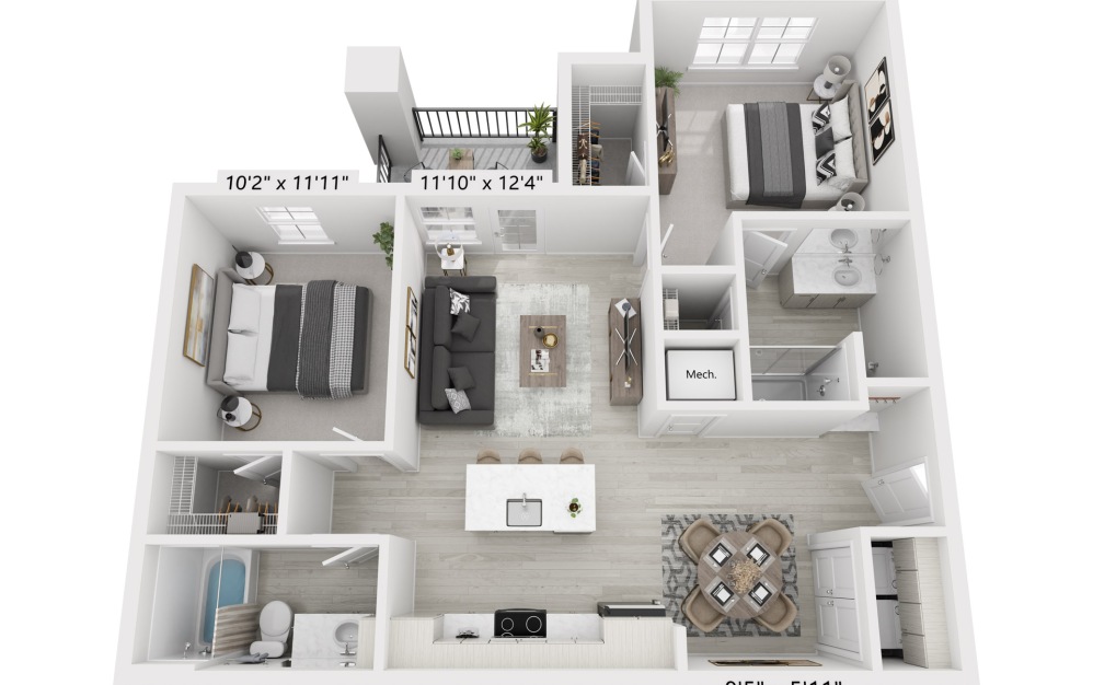 B1A - 2 bedroom floorplan layout with 2 bathrooms and 1010 square feet