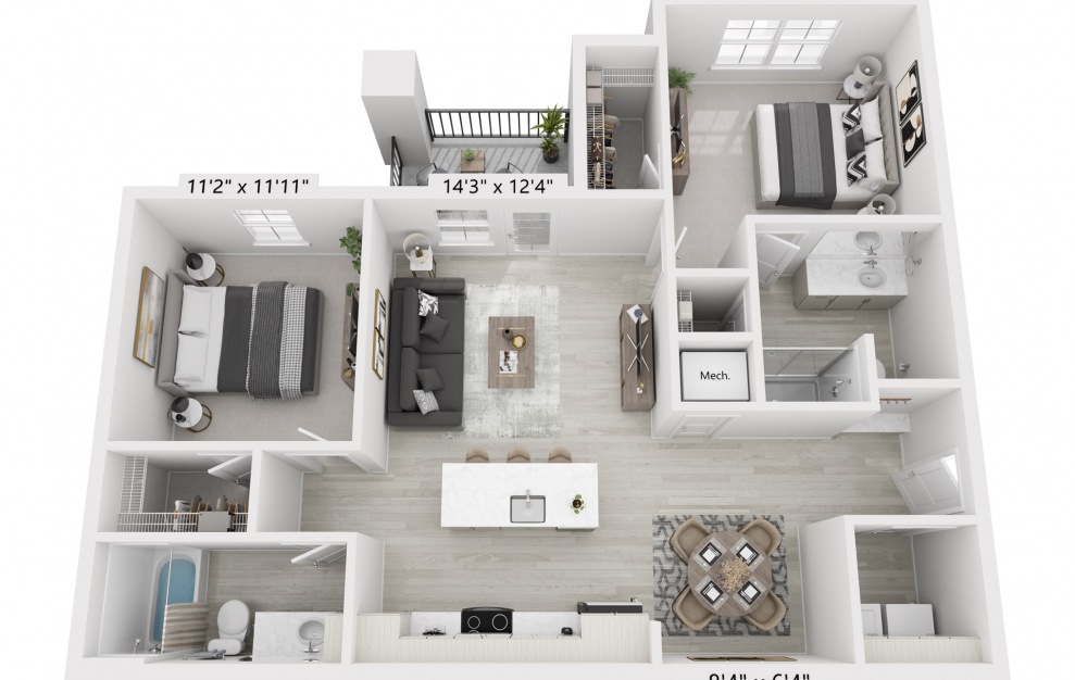 B2 - 2 bedroom floorplan layout with 2 baths and 1130 square feet.