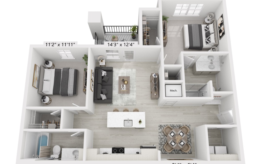 B2 - 2 bedroom floorplan layout with 2 bathrooms and 1130 square feet